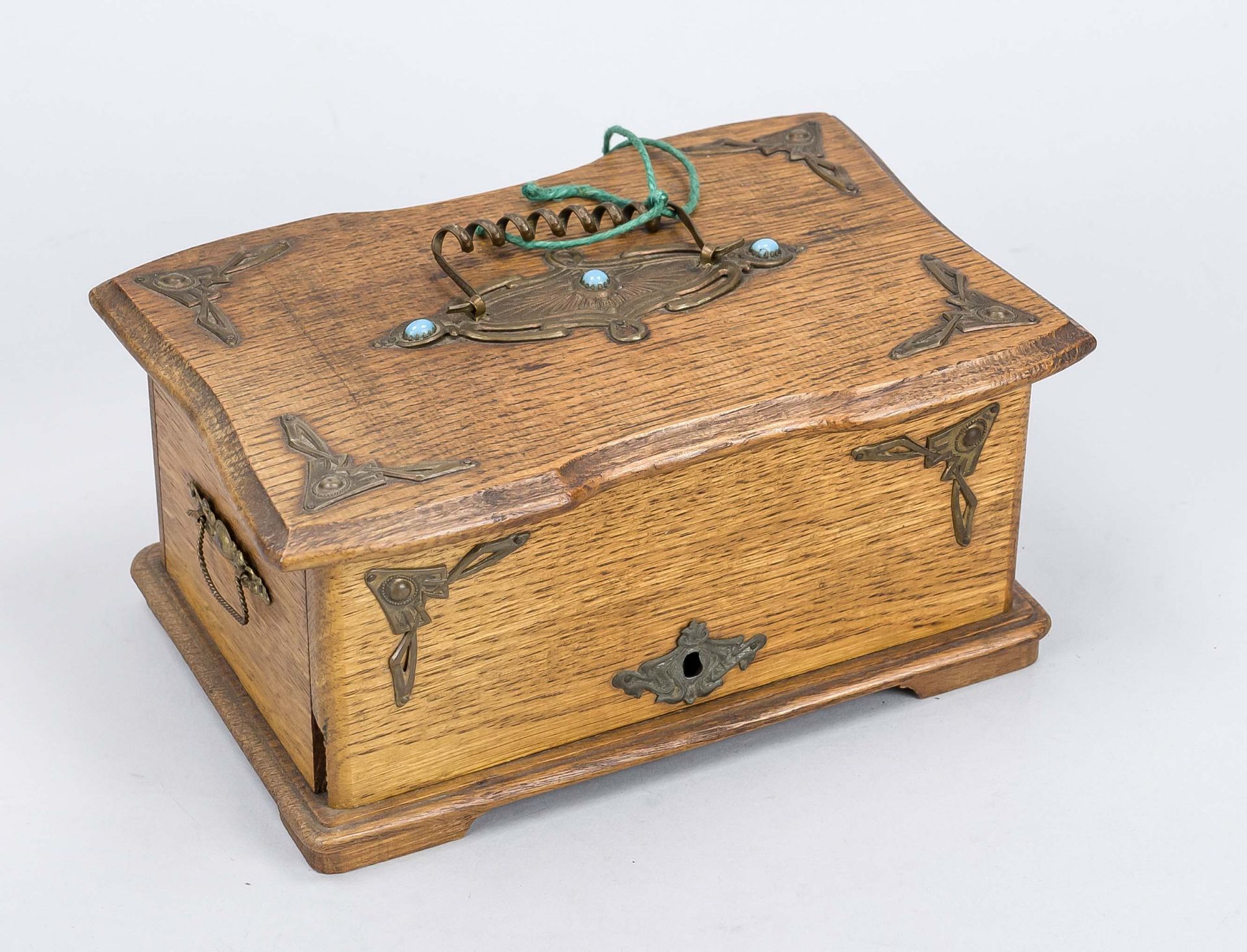 Art Nouveau casket, c. 1900, oak body with decorative brass fittings and stone trimming. Lock with - Image 2 of 2