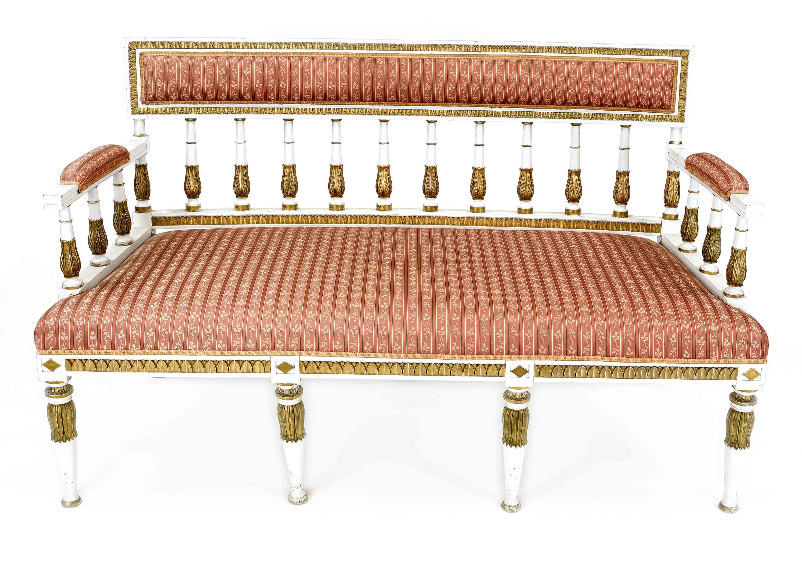 Scandinavian sofa in Gustavian style, early 20th century, carved wood and painted white, gold