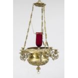 Ceiling chandelier, late 19th century, brass. Ornamented with 6 candlesticks with vase sleeves.