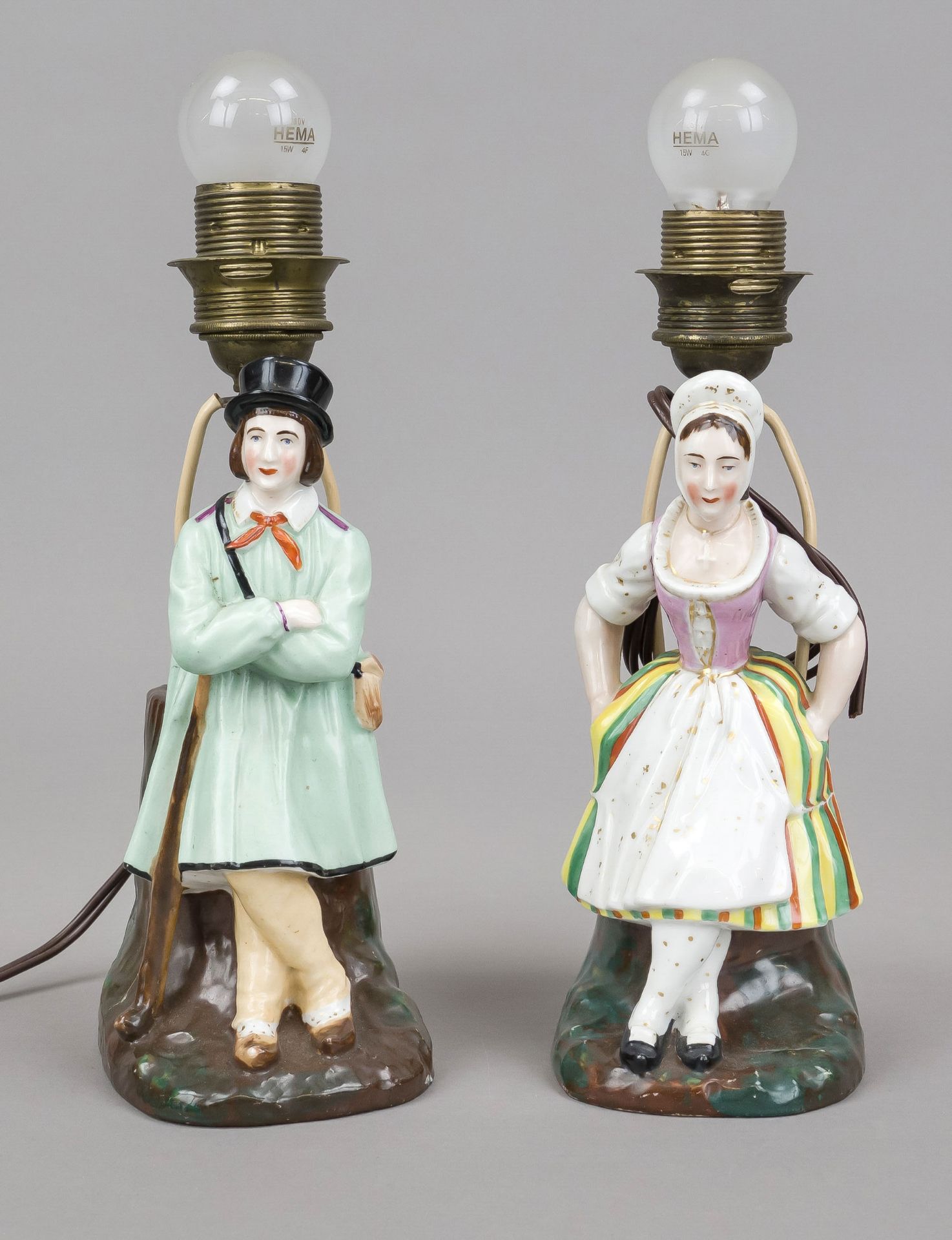 Pair of figural lamp bases as pendants, w. England, 20th century, polychrome painted, ornamental