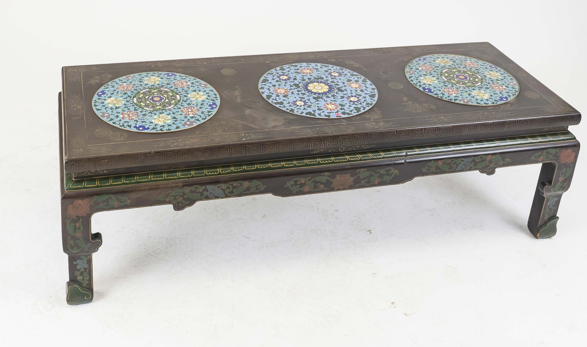 Coffee table with cloisonné inlays, China 20th century Wood with black lacquer and gold painting,