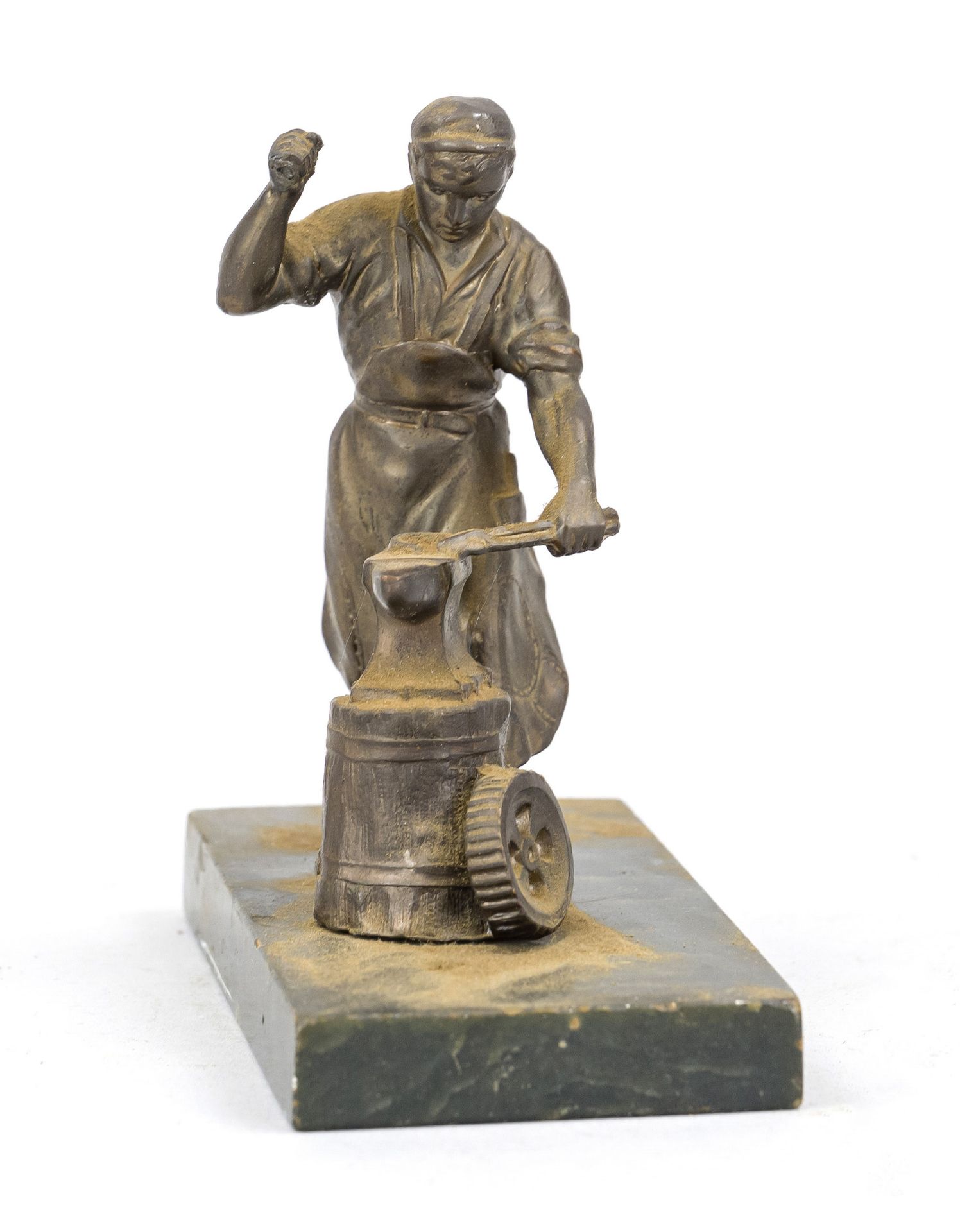 Small cast metal figure of a blacksmith, 1st half 20th century, bronzed cast metal on marble plinth,