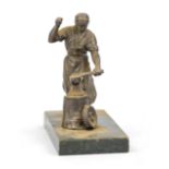 Small cast metal figure of a blacksmith, 1st half 20th century, bronzed cast metal on marble plinth,