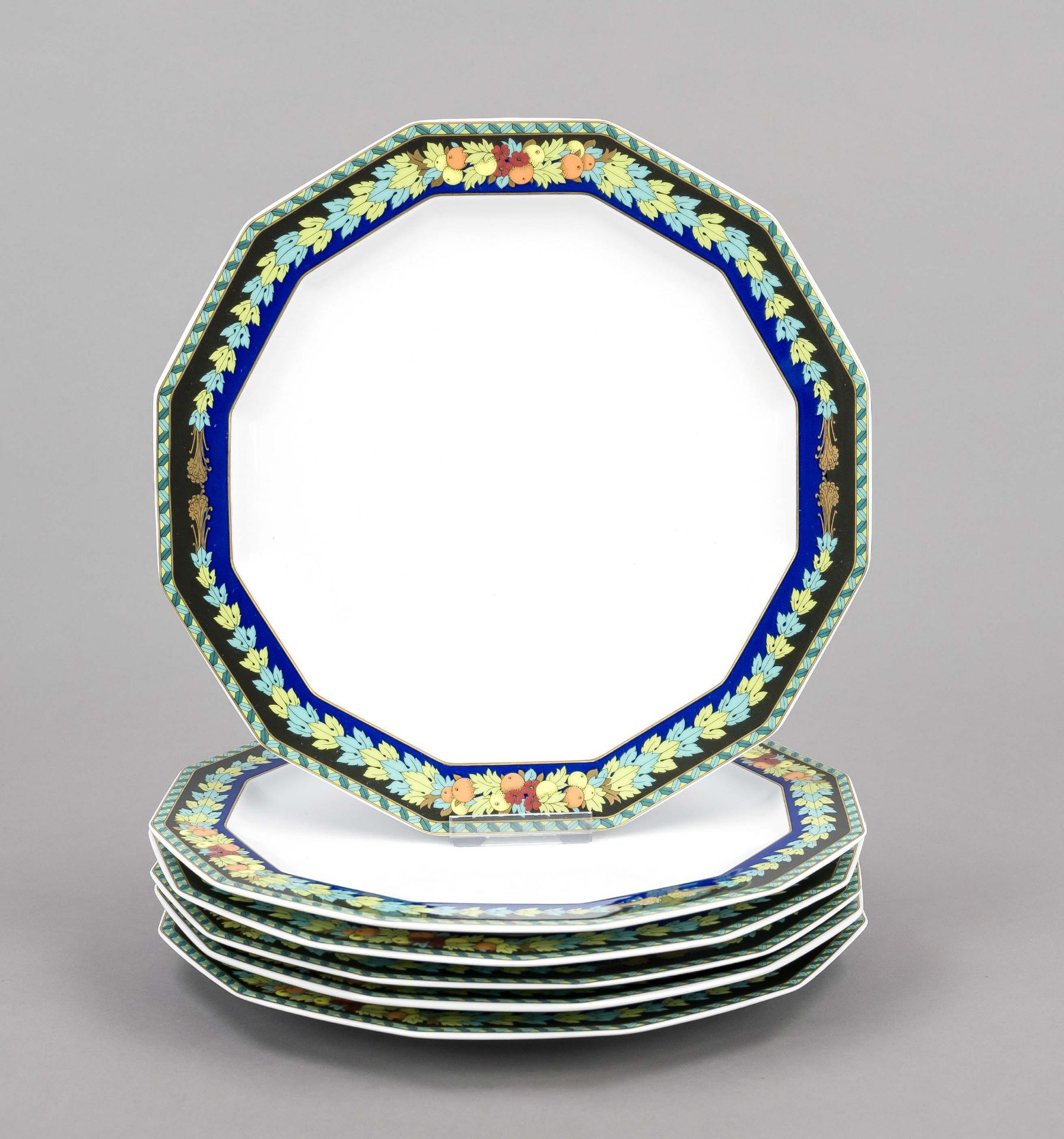 Six flat dinner plates, Rosenthal, Versace, late 20th century, designed by Versace for Rosenthal, Le