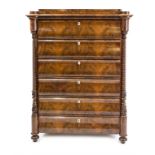 Late Biedermeier chiffonier/man's chest of drawers, mid-19th century, mahogany, 6-bay body, one