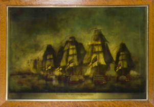 Historical naval scene ''Battle of Trafalgar'', dark print after a 19th century engraving, framed