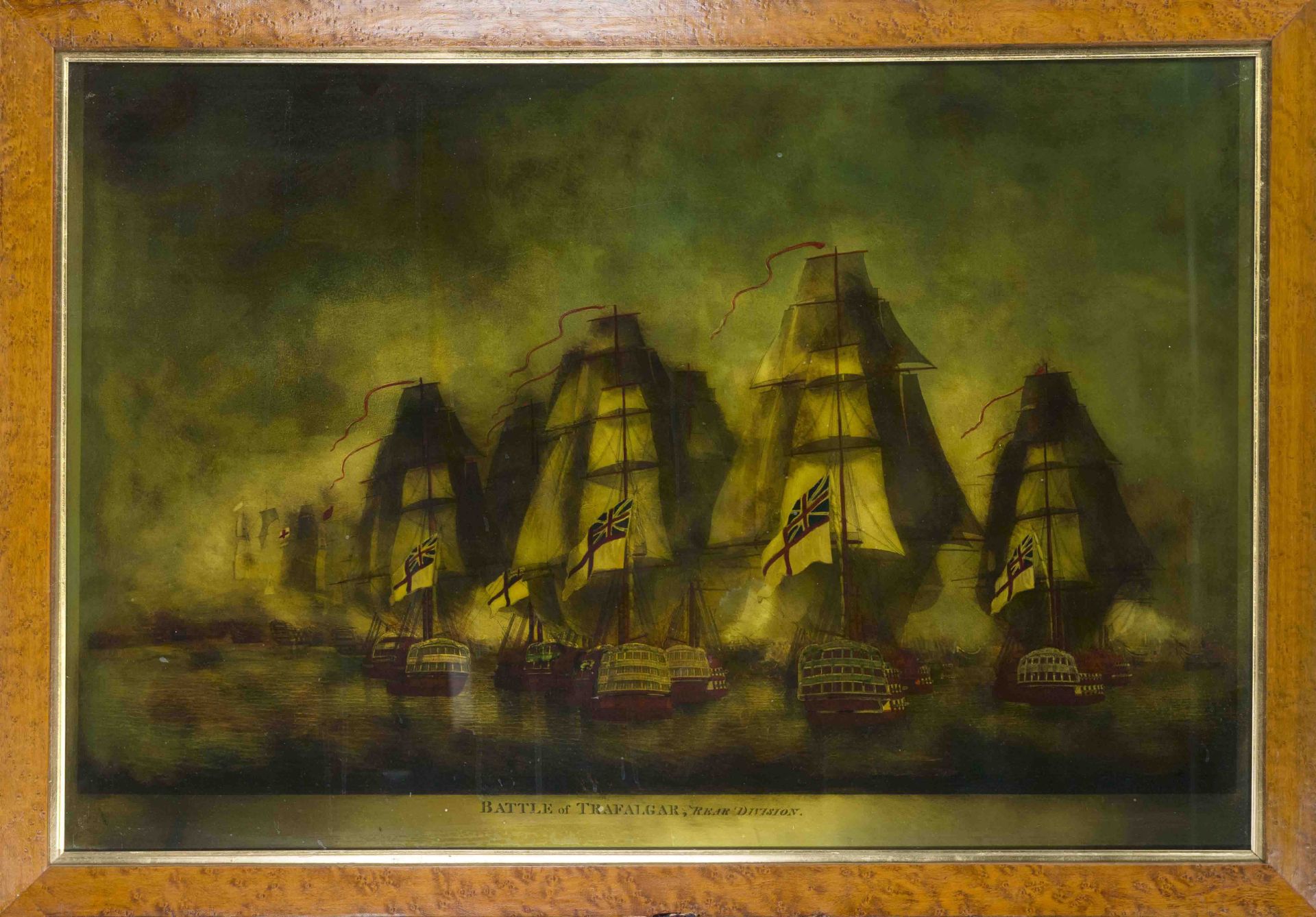 Historical naval scene ''Battle of Trafalgar'', dark print after a 19th century engraving, framed