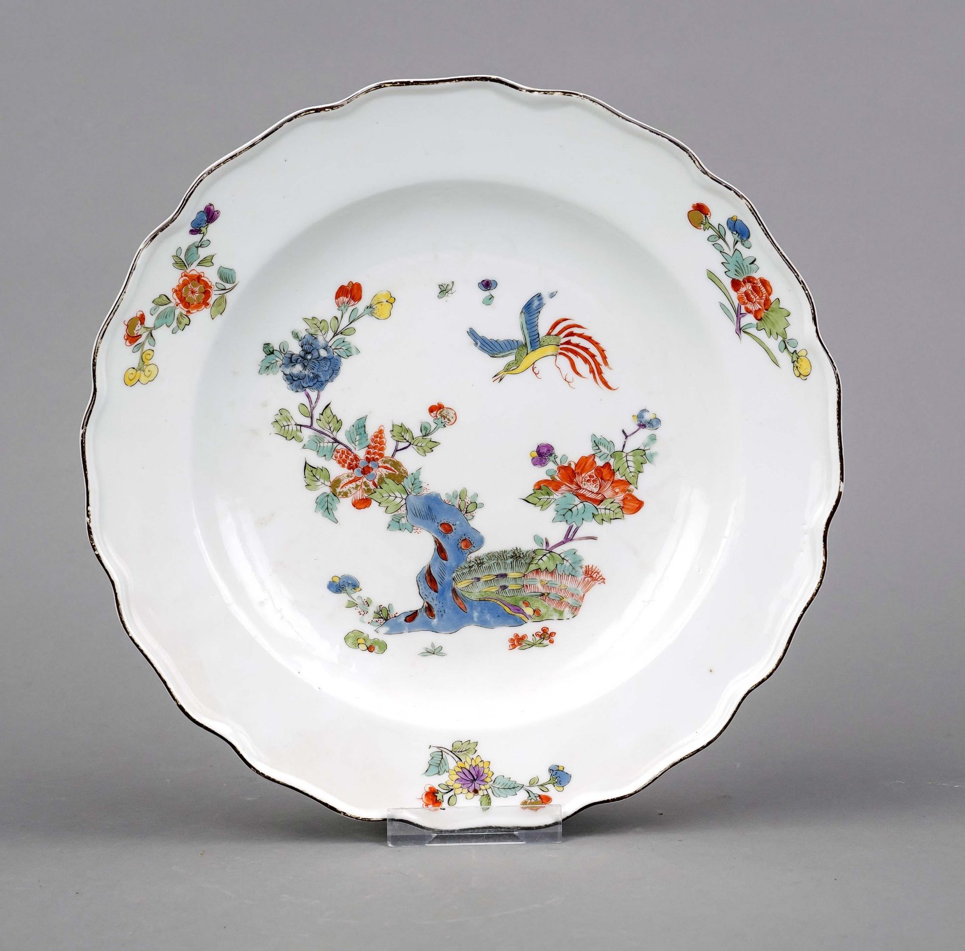 Plate, Meissen, c. 1750, wavy rim, polychrome Kakiemon painting in enamel colors, birds of