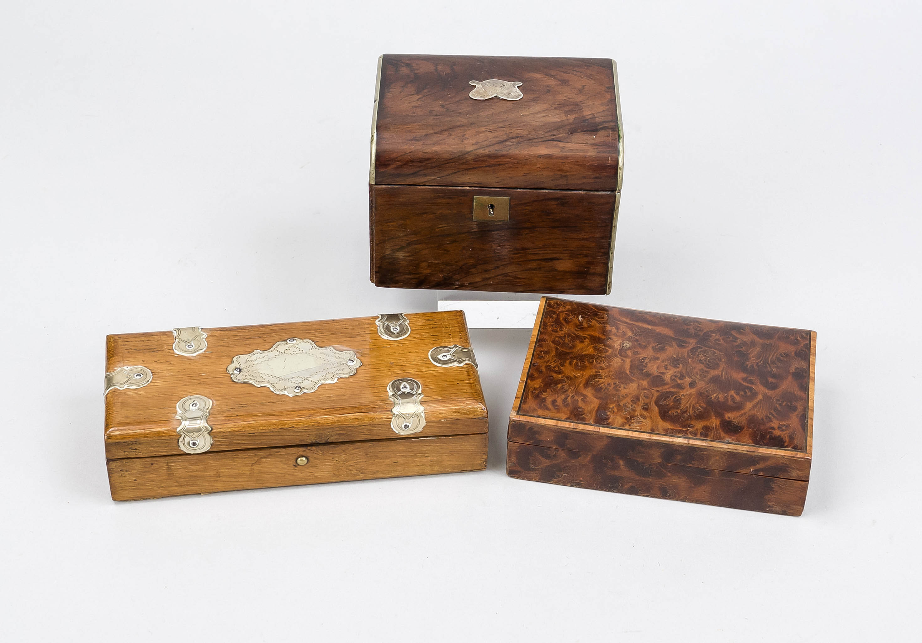 3 caskets, 19th century, all rectangular with hinged lids, beautiful woods, some with decorative