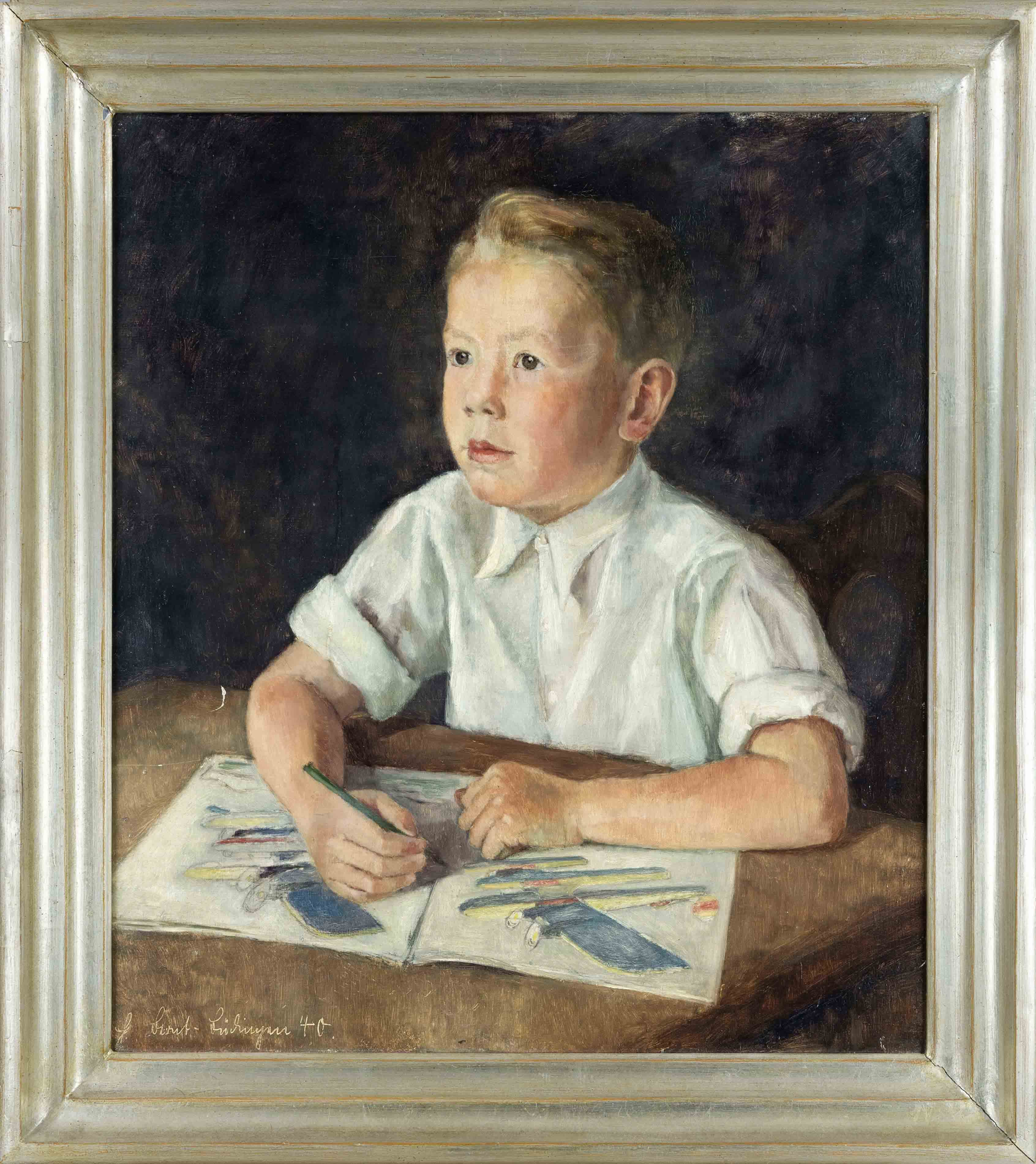 Helga Bernt-Büdingen (1911-?), German painter c. 1940, Boy drawing airplanes, oil on canvas,