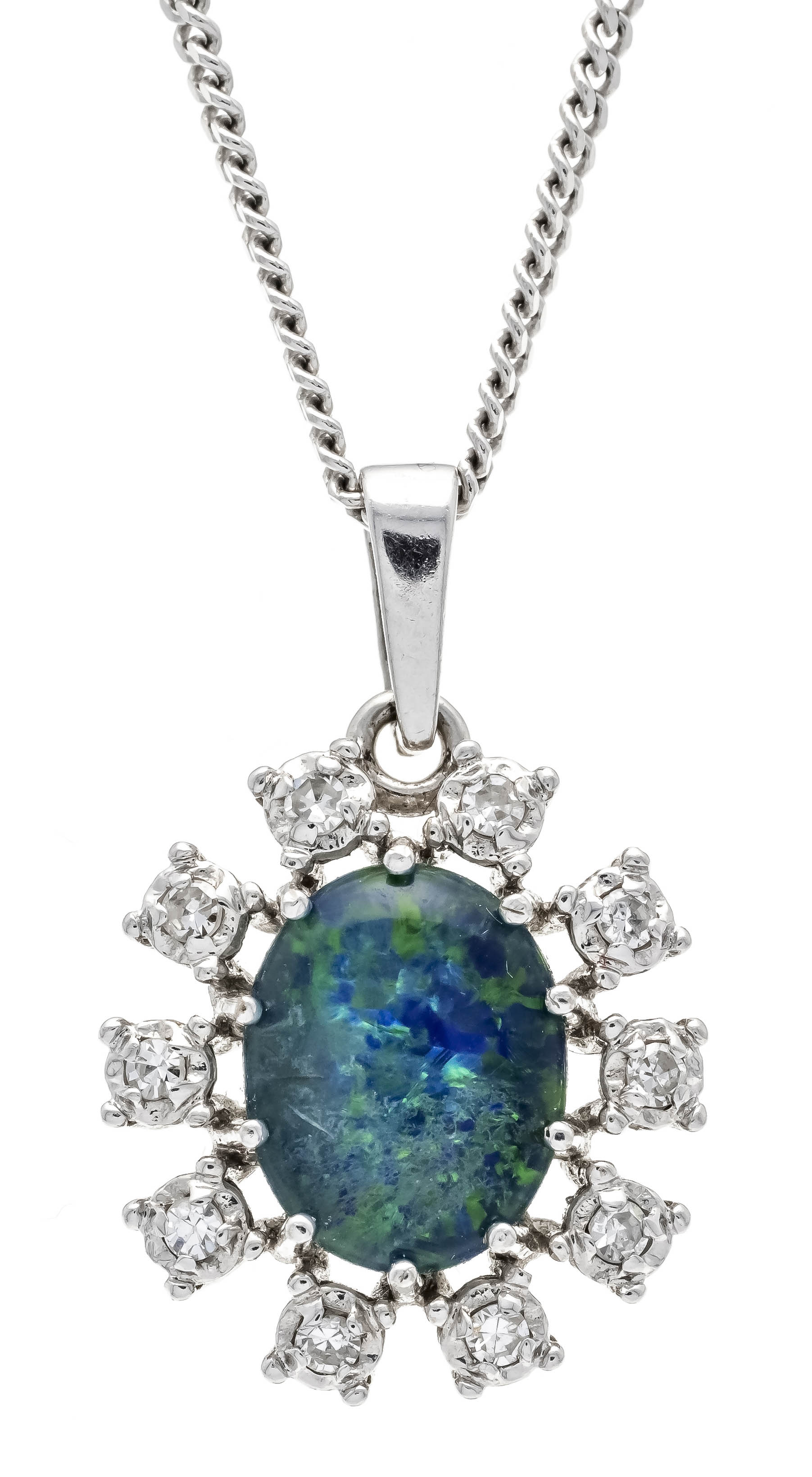 Opal-diamond pendant WG 585/000 with an oval opal triplet 9.7 x 7.4 mm in a blue-green play of