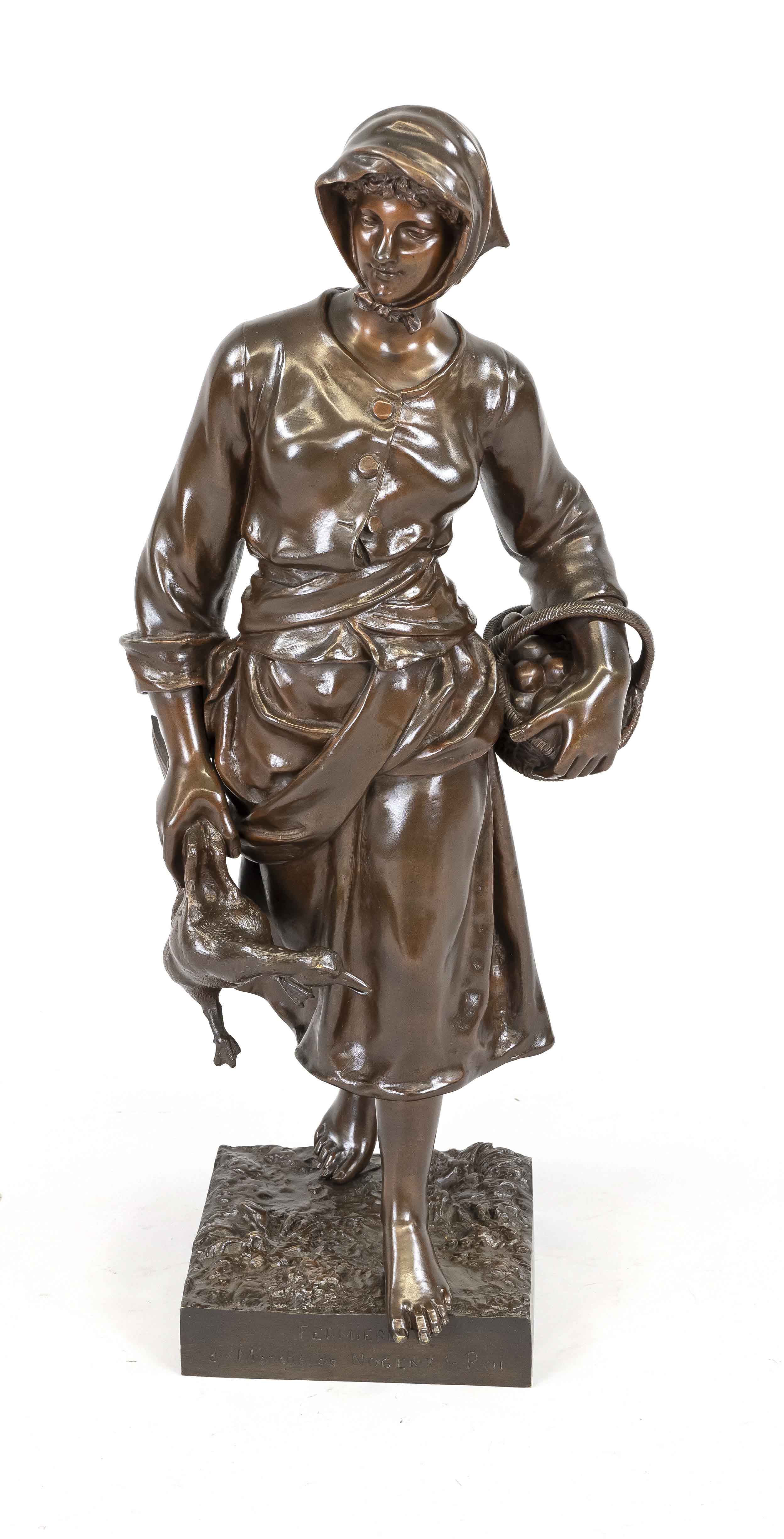 Henri Plé (1853 - 1922), Peasant woman on her way home from the market, brown patinated bronze,