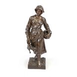 Henri Plé (1853 - 1922), Peasant woman on her way home from the market, brown patinated bronze,