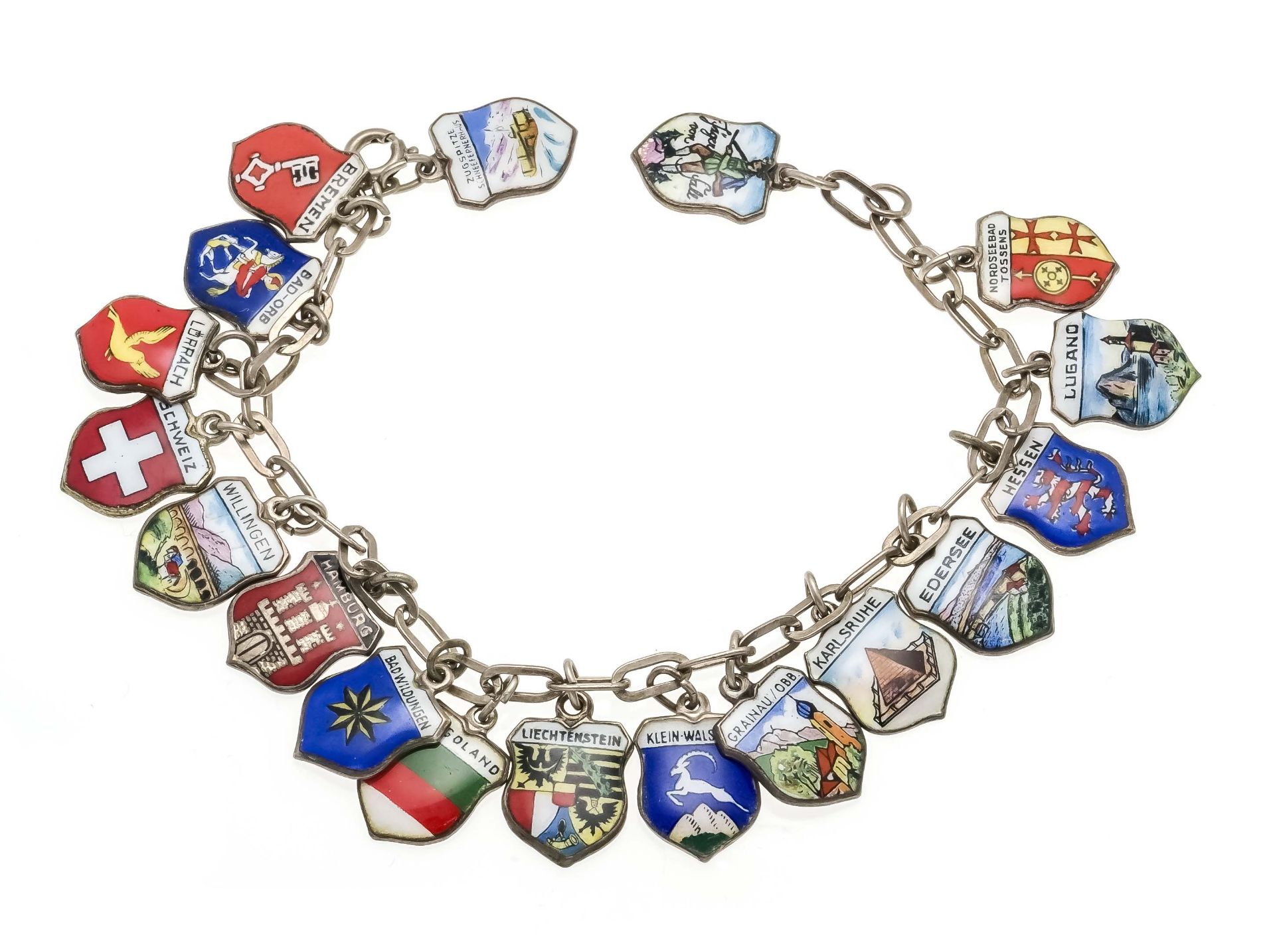 Silver charm bracelet with 18 coat of arms-shaped pendants of German and Swiss travel destinations
