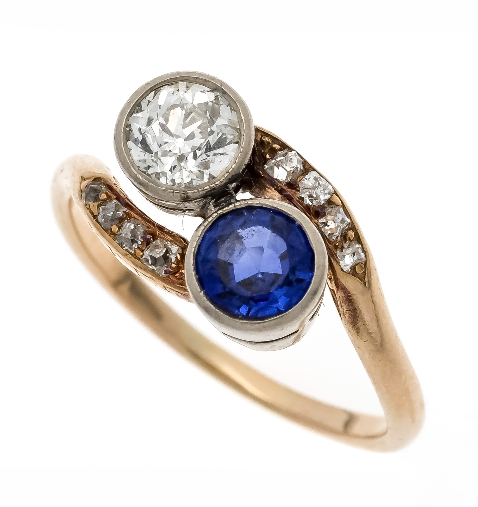 Toi et Moi ring GG/WG 750/000 with a round faceted sapphire 5.0 mm blue, transparent (presumably a