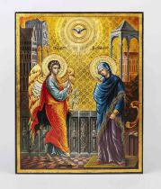 Icon of the Annunciation, Bulgaria, 20th century, polychrome and gold on wooden panel with 2 sponki,