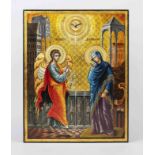 Icon of the Annunciation, Bulgaria, 20th century, polychrome and gold on wooden panel with 2 sponki,