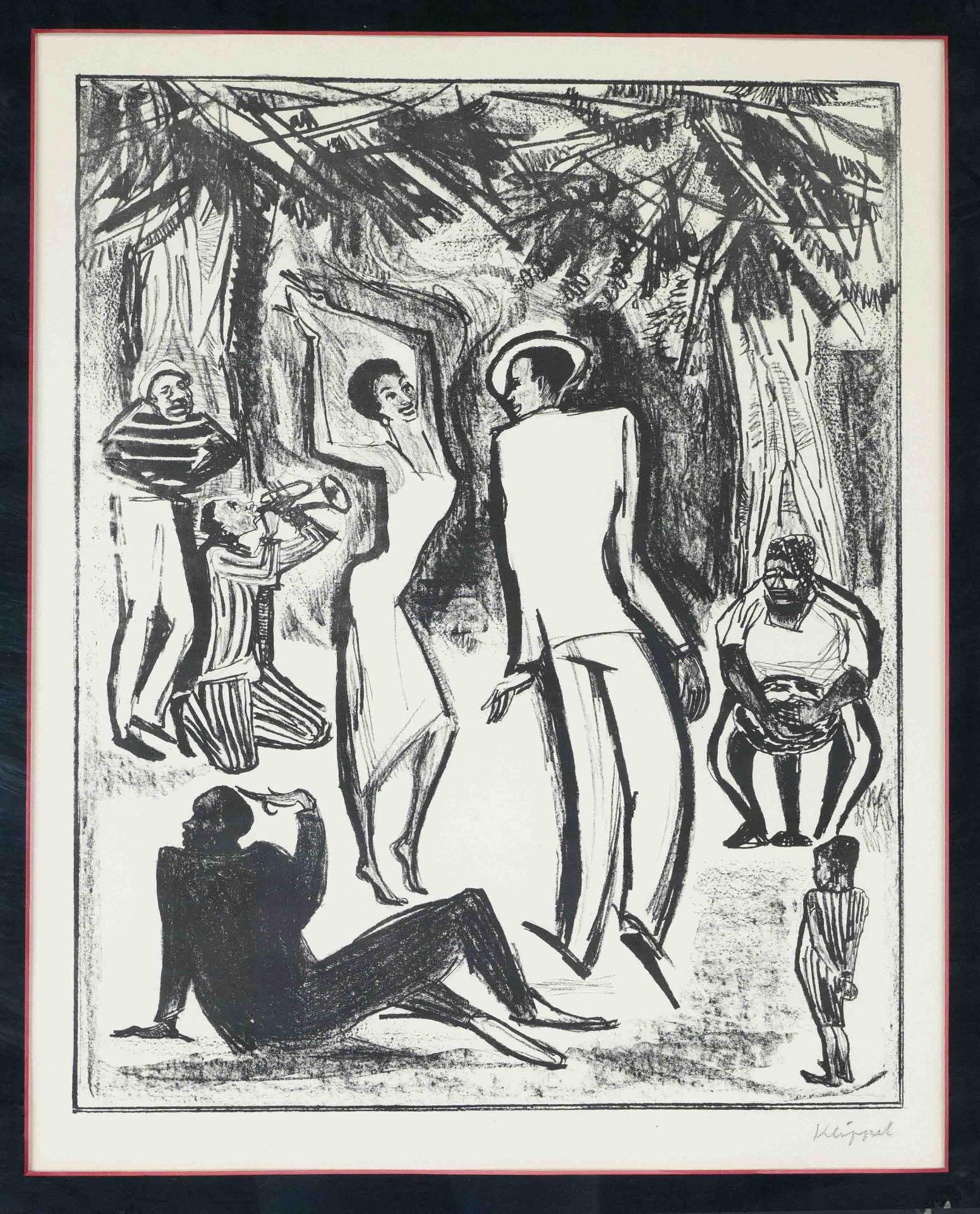 signed Klippel, graphic artist mid 20th century, two large lithographs with figurative scenes: