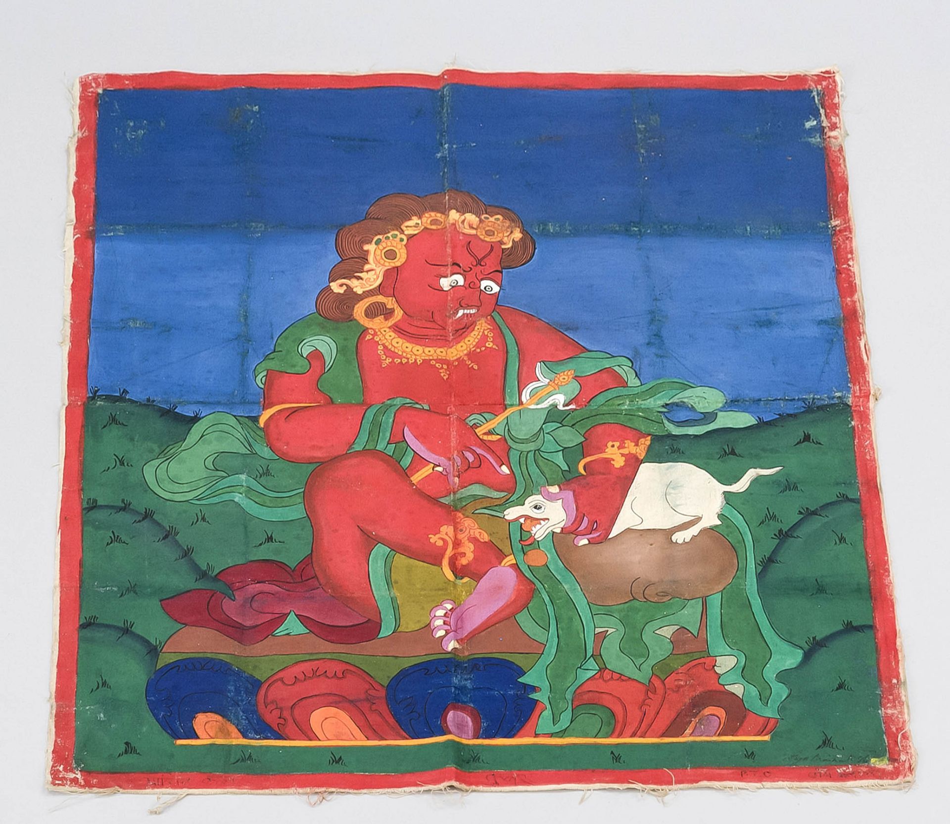 Jambhala? with rat, Tibet? Mongolia?, 19th/20th century, polychrome pigments on cloth. USSR import-