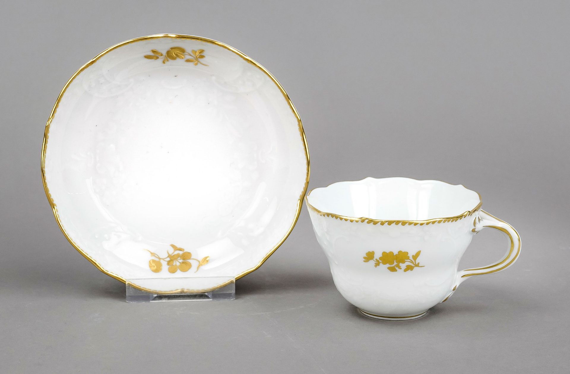 Cup and saucer, Meissen, 1950s, 2nd choice, Neumarseille shape, white with gold decoration, h. 6.5