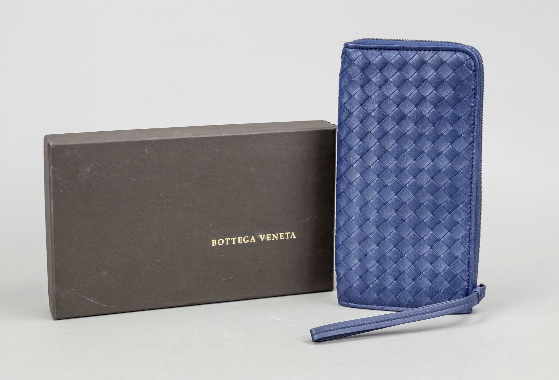 Bottega Veneta, Dark Blue Wristlet Zipper Wallet, dark blue Intreccio lamb leather in the brand-