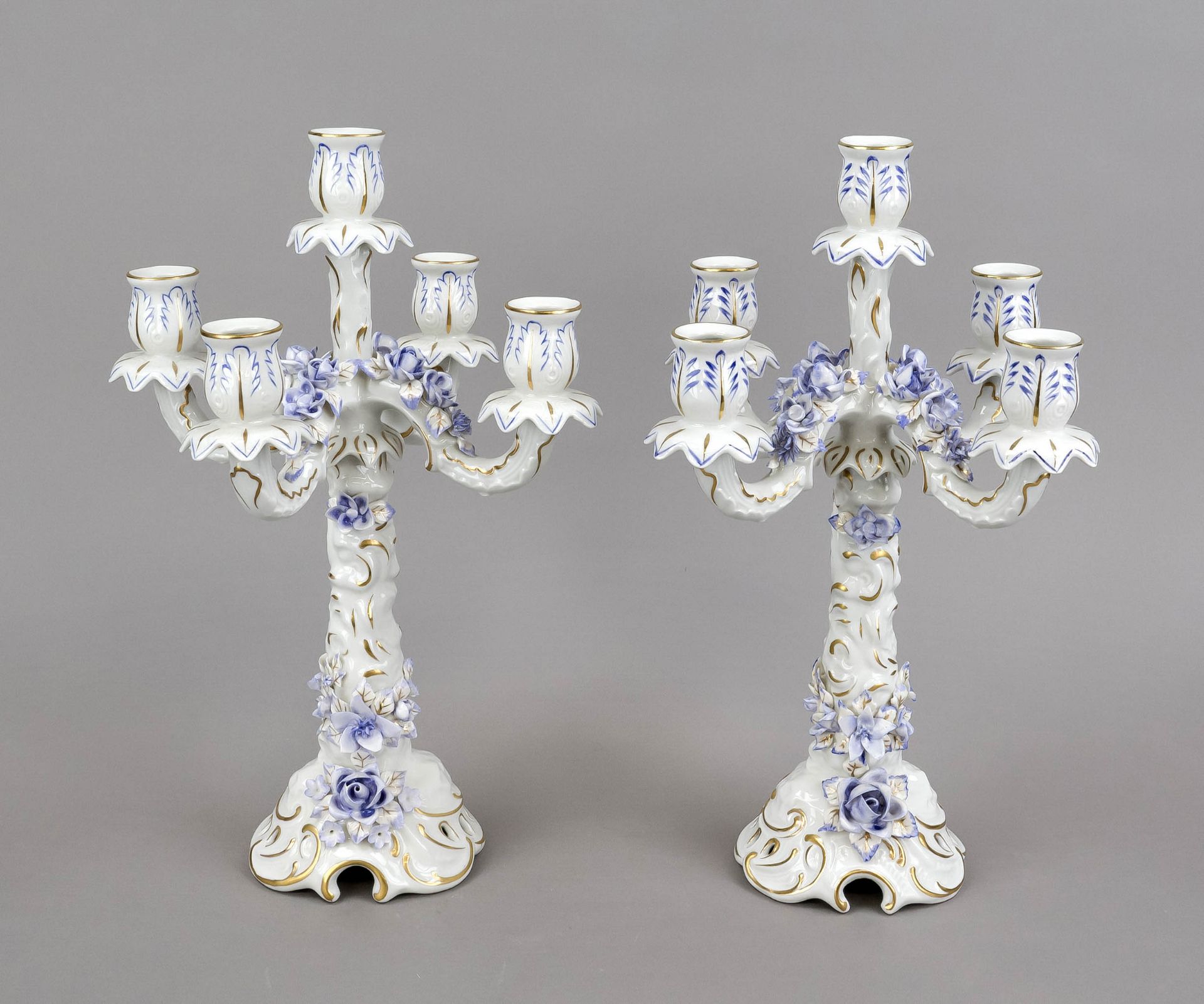 Pair of candlesticks, 5-flame, Sandizell, Bavaria, 20th century, after the Dresden model, the