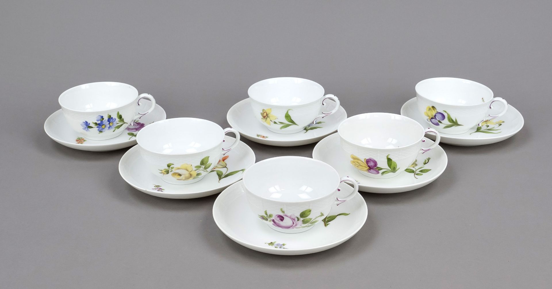Six teacups with saucer, Nymphenburg, marks 1925-1975, wicker relief rim, polychrome floral