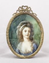 Miniature, 19th century, polychrome tempera painting on bone plate, unopened, oval portrait of