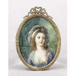 Miniature, 19th century, polychrome tempera painting on bone plate, unopened, oval portrait of