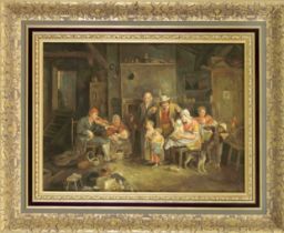signed Korbusieres, 2nd half 20th century, Interior with a large peasant family, oil on plywood,