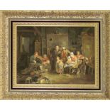 signed Korbusieres, 2nd half 20th century, Interior with a large peasant family, oil on plywood,