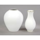 Two vases, KPM Berlin, marks 1962-1992, 1st choice, green imperial orb mark, rose vase, designed