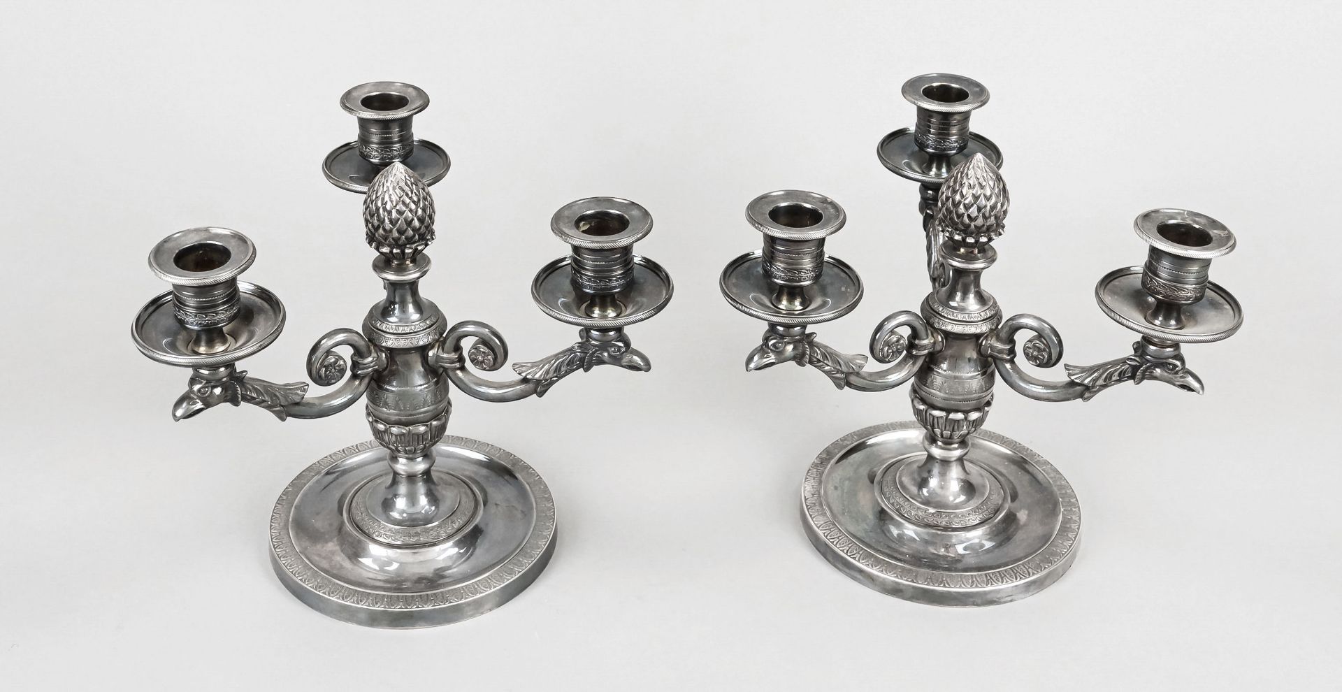 Pair of three-light candlesticks, c. 1900, plated, round base, vase-shaped shaft with cone finial, - Image 2 of 2