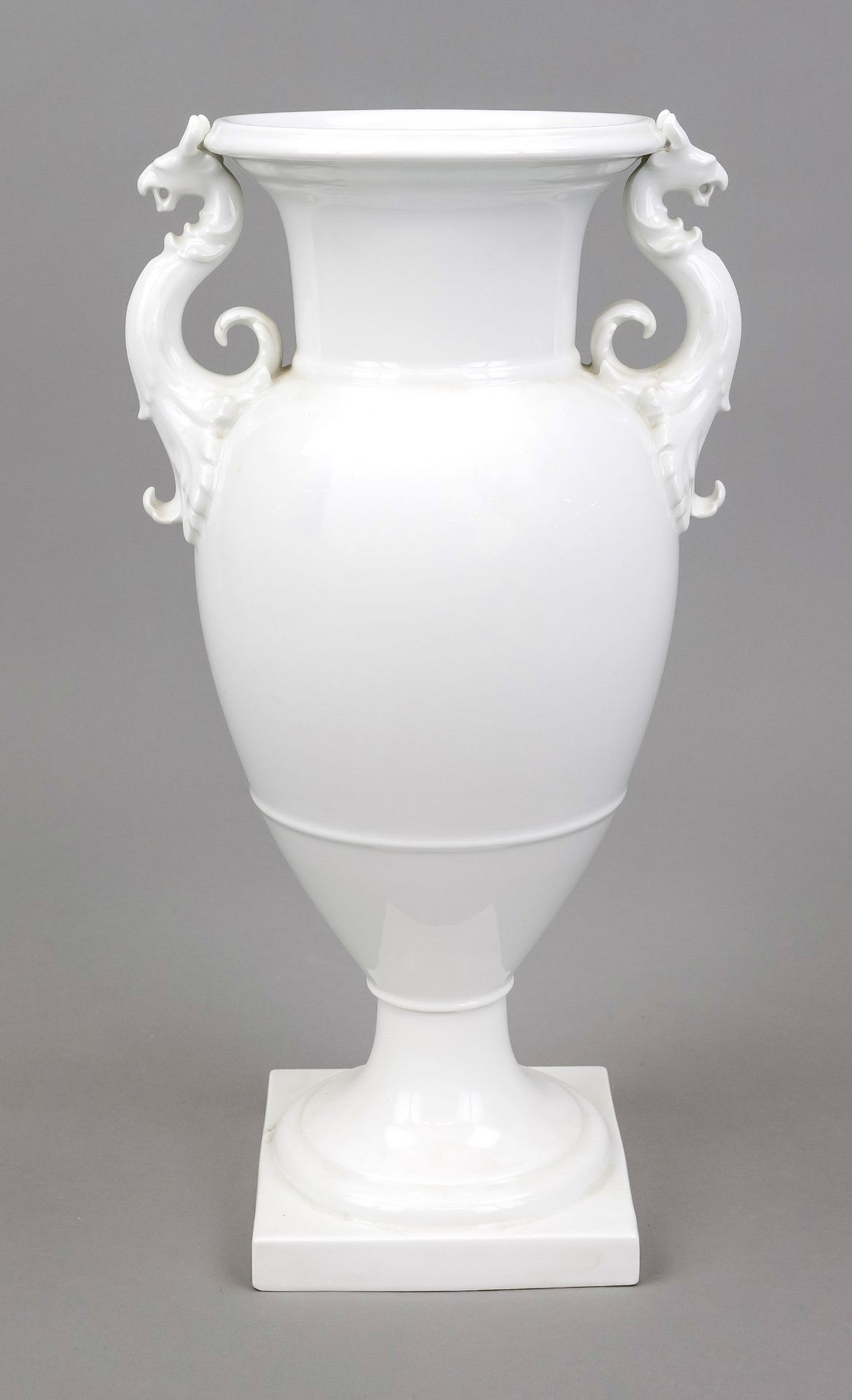 French vase with griffin handles, KPM Berlin, mark 1962-92, 2nd choice, white, designed by Karl