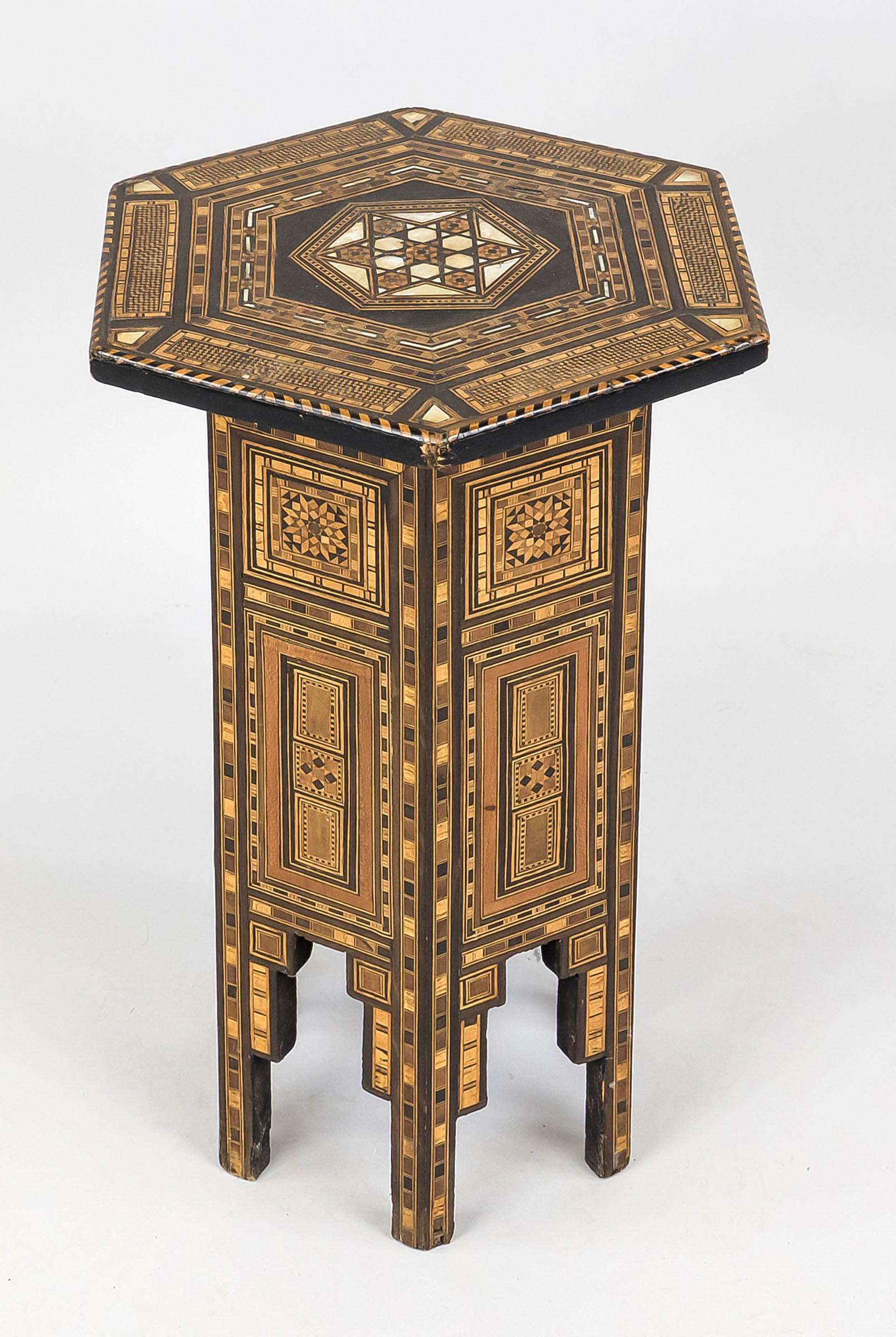 Hexagonal inlaid table, oriental (probably Egyptian) 1st half 20th century, various woods and