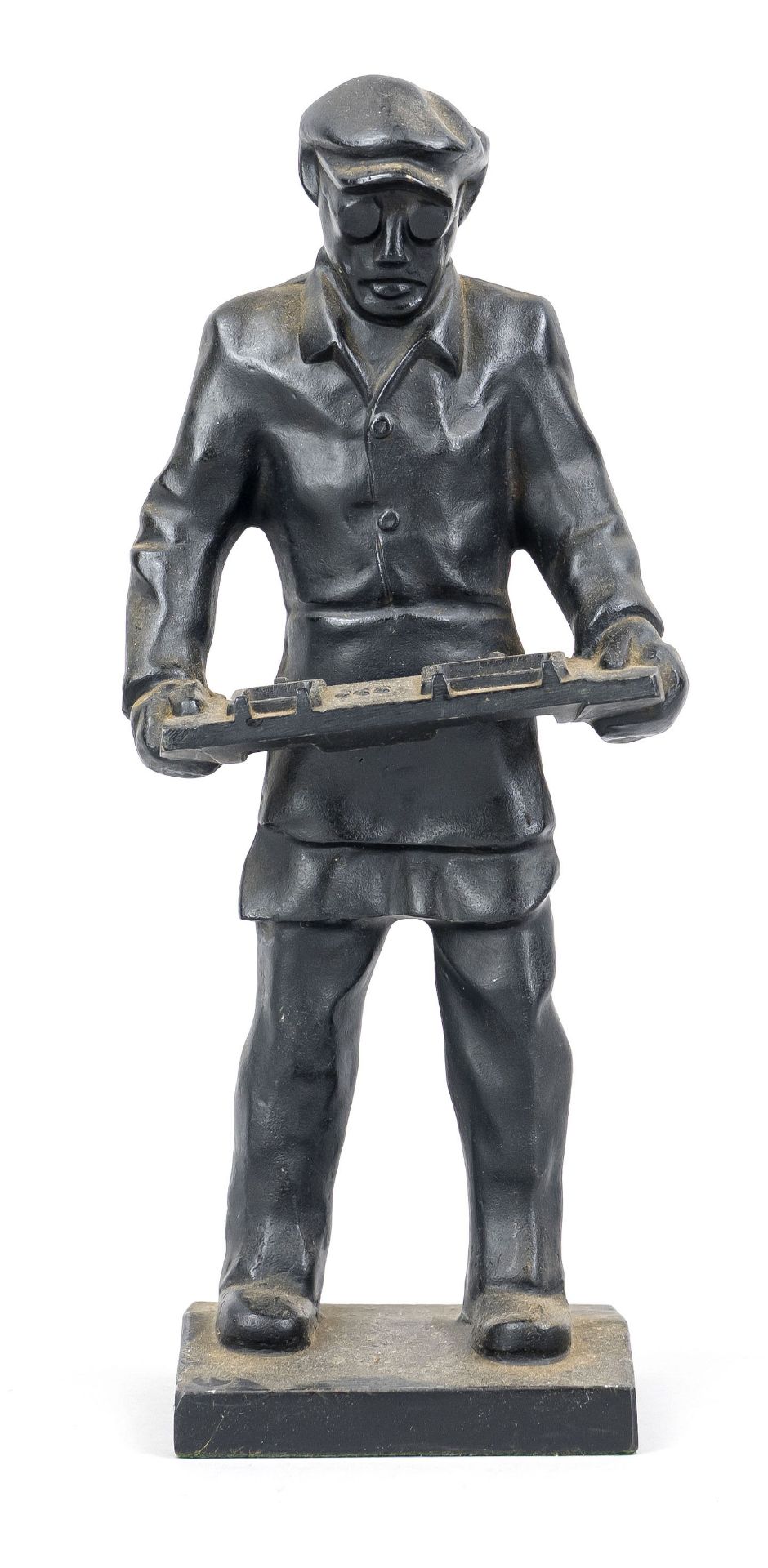 Anonymous sculptor, mid-20th century, standing worker with goggles and mold, black patinated cast