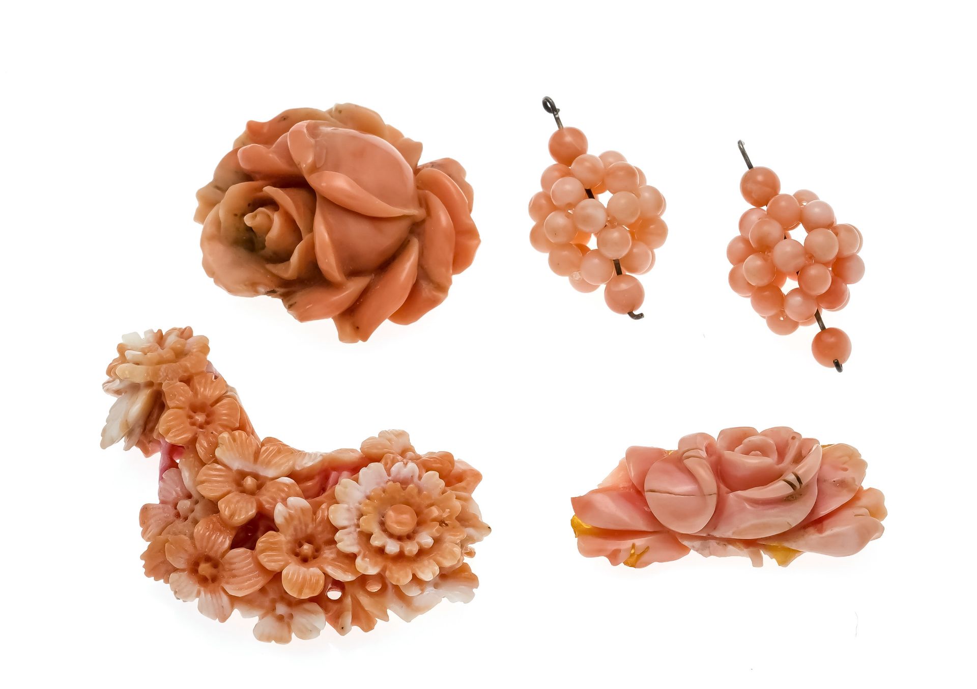 Set of 4 angel skin coral pieces, 3 finely flower-shaped corals l. 47, 32 and 30 mm, 2 pieces of