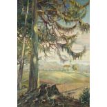 Anonymous painter, c. 1910, View from the edge of a forest over a Bavarian landscape, oil on