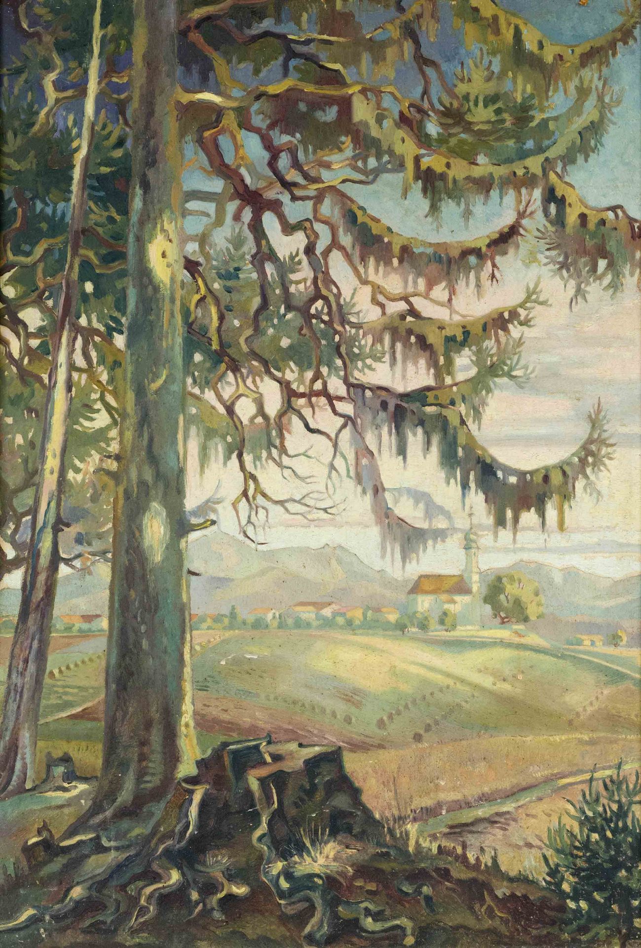 Anonymous painter, c. 1910, View from the edge of a forest over a Bavarian landscape, oil on