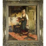 Anonymous genre painter mid-20th century, Woman with Jug, oil on canvas, indistinctly signed lower