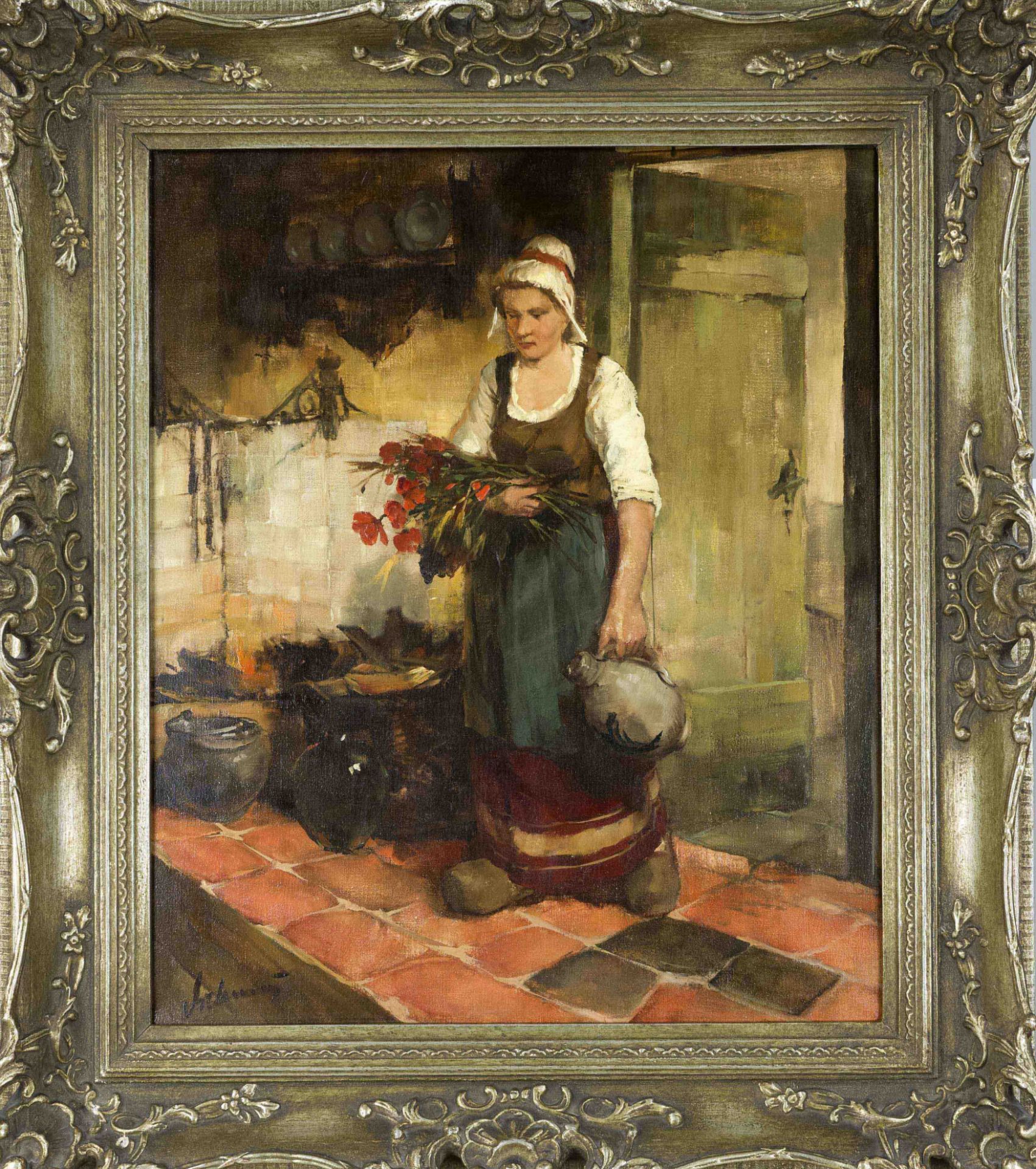 Anonymous genre painter mid-20th century, Woman with Jug, oil on canvas, indistinctly signed lower