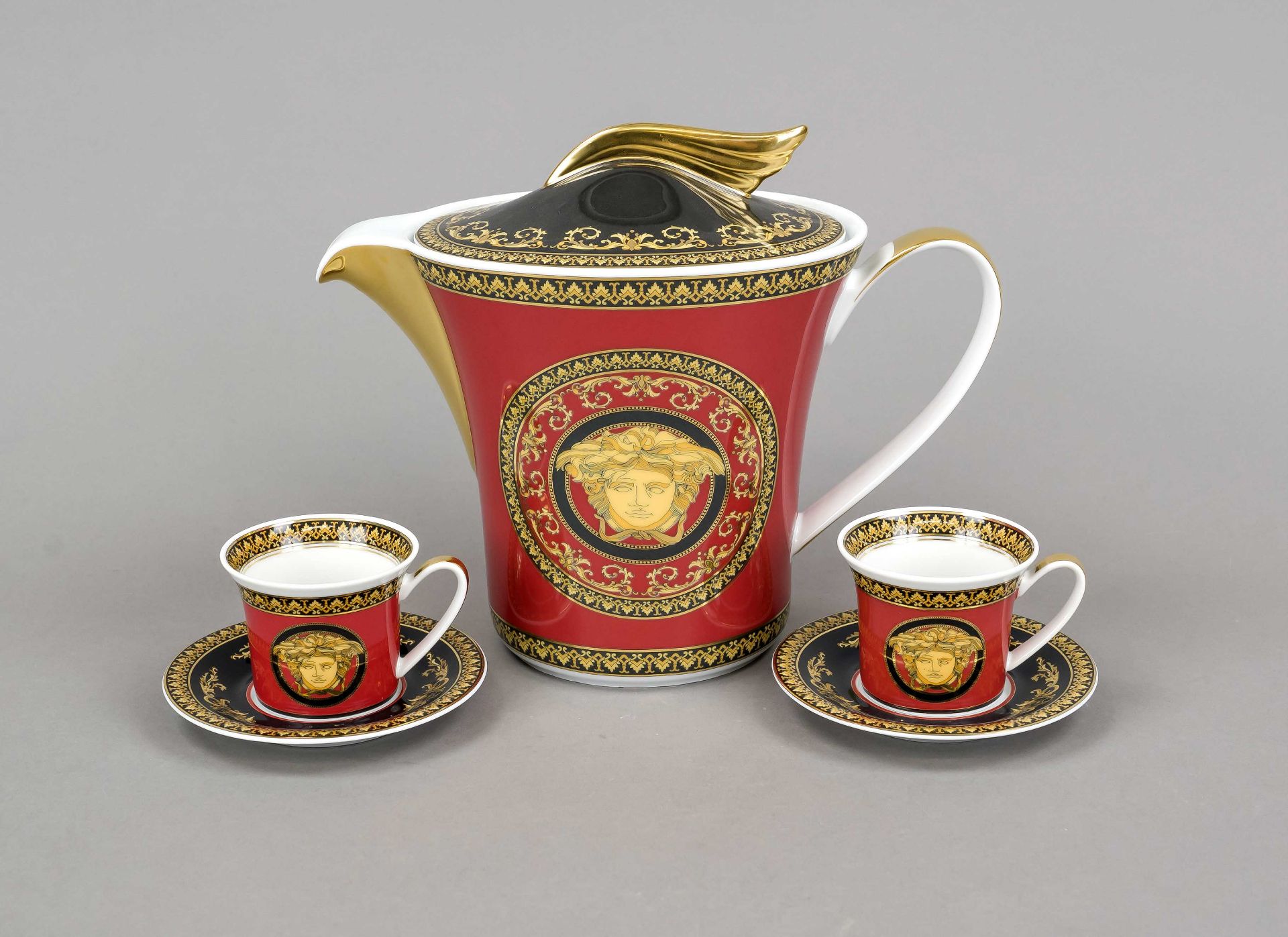Jug and 2 cups, 5-piece, Rosenthal, designed by Versace for Rosenthal, late 20th century, polychrome