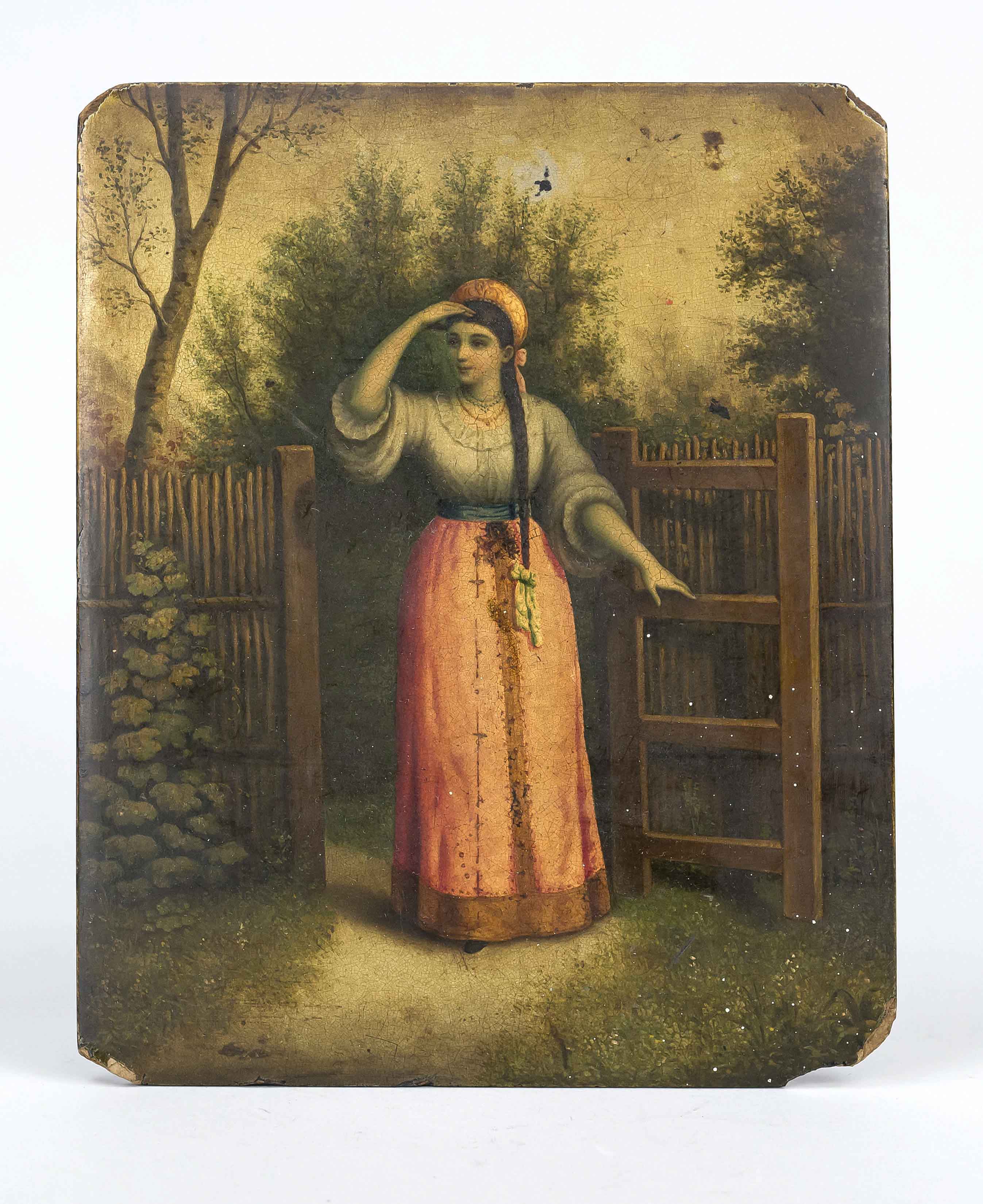 Russian lacquer painting on papier-mâché, c. 1900, depiction of a girl in Russian costume, bumped