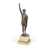 signed Henry, sculptor c. 1900, athlete in victory pose, greenish patinated bronze on marble base (