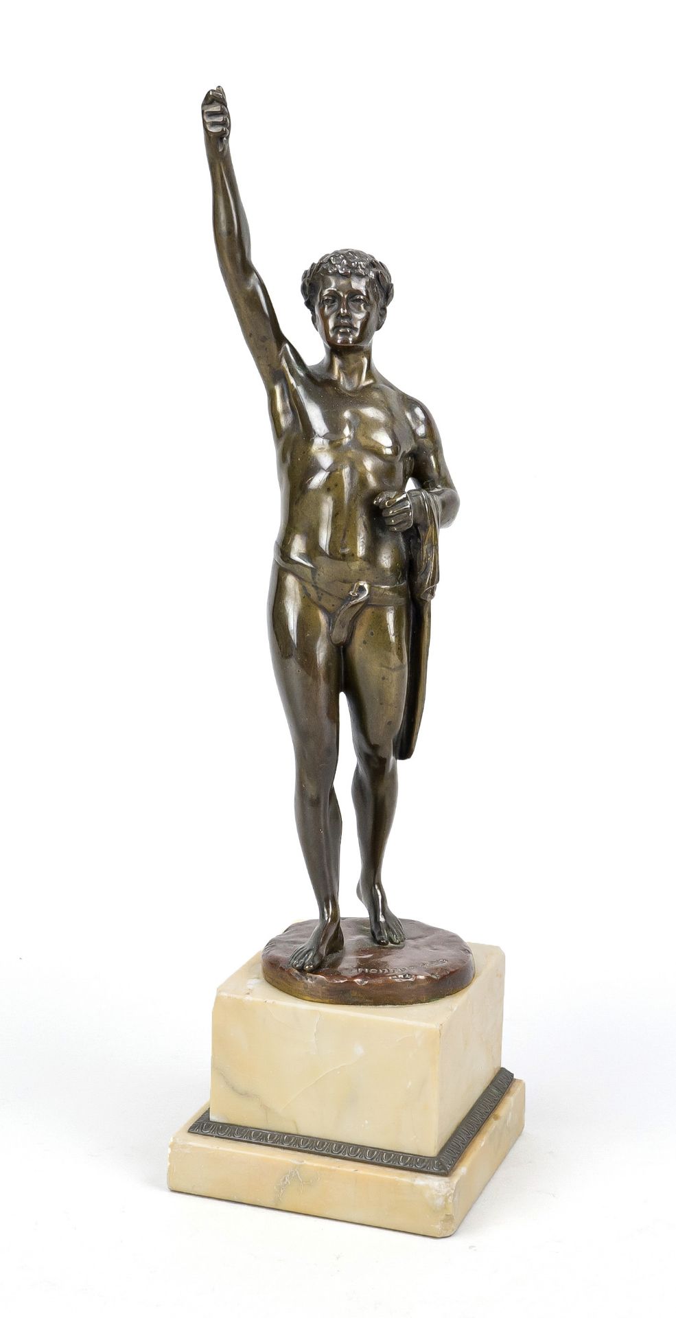 signed Henry, sculptor c. 1900, athlete in victory pose, greenish patinated bronze on marble base (