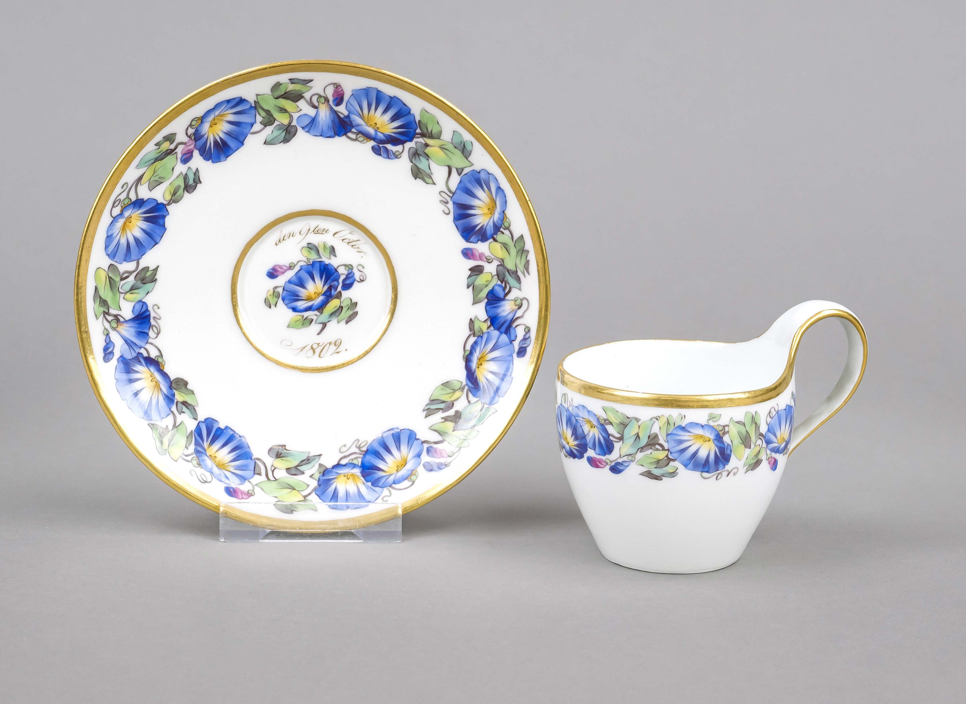 A cup and saucer, KPM Berlin, early 19th century, 1st choice, painter's mark, campanile form, with