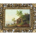 Anonymous German painter of the 19th century, idyllic country life on a lakeside, oil on canvas,