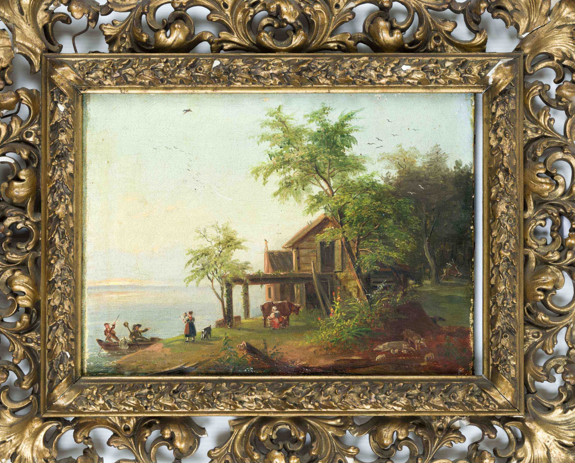 Anonymous German painter of the 19th century, idyllic country life on a lakeside, oil on canvas,