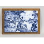 Tile painting, Holland 20th century, Artisanal scene in the open air (making clogs) in cobalt blue