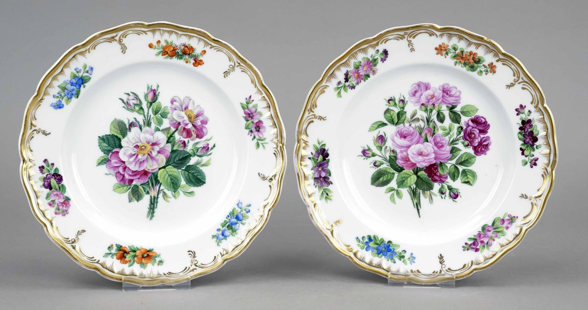 Two plates, KPM Berlin, mark 1847-49, 1st choice, shape Neuglatt, polychrome flower painting in